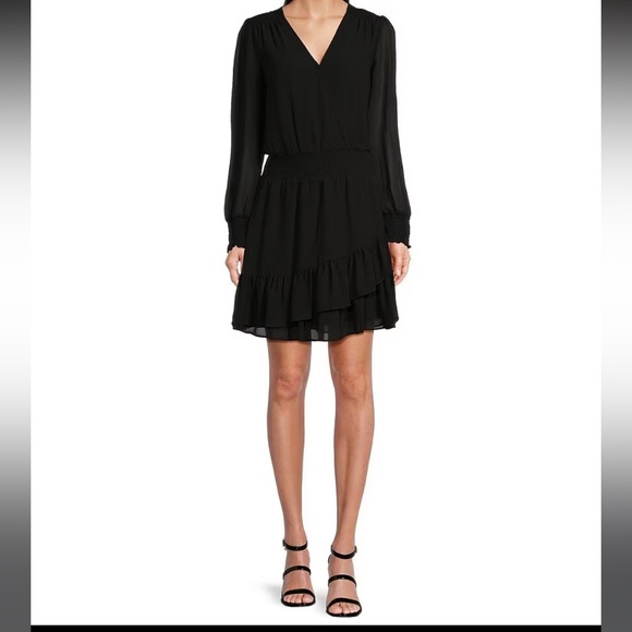 MICHAEL Michael Kors Black Ruffle Hem Smocked Chiffon Dress - Small - Picture 2 of 10
